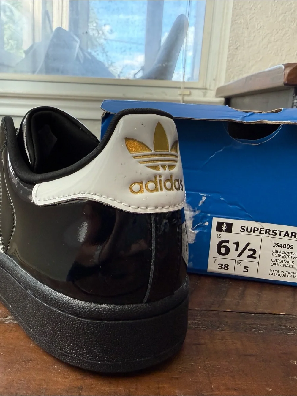adidas Kids Black and White Patent Shell-Toe Sneakers with Gold Logo